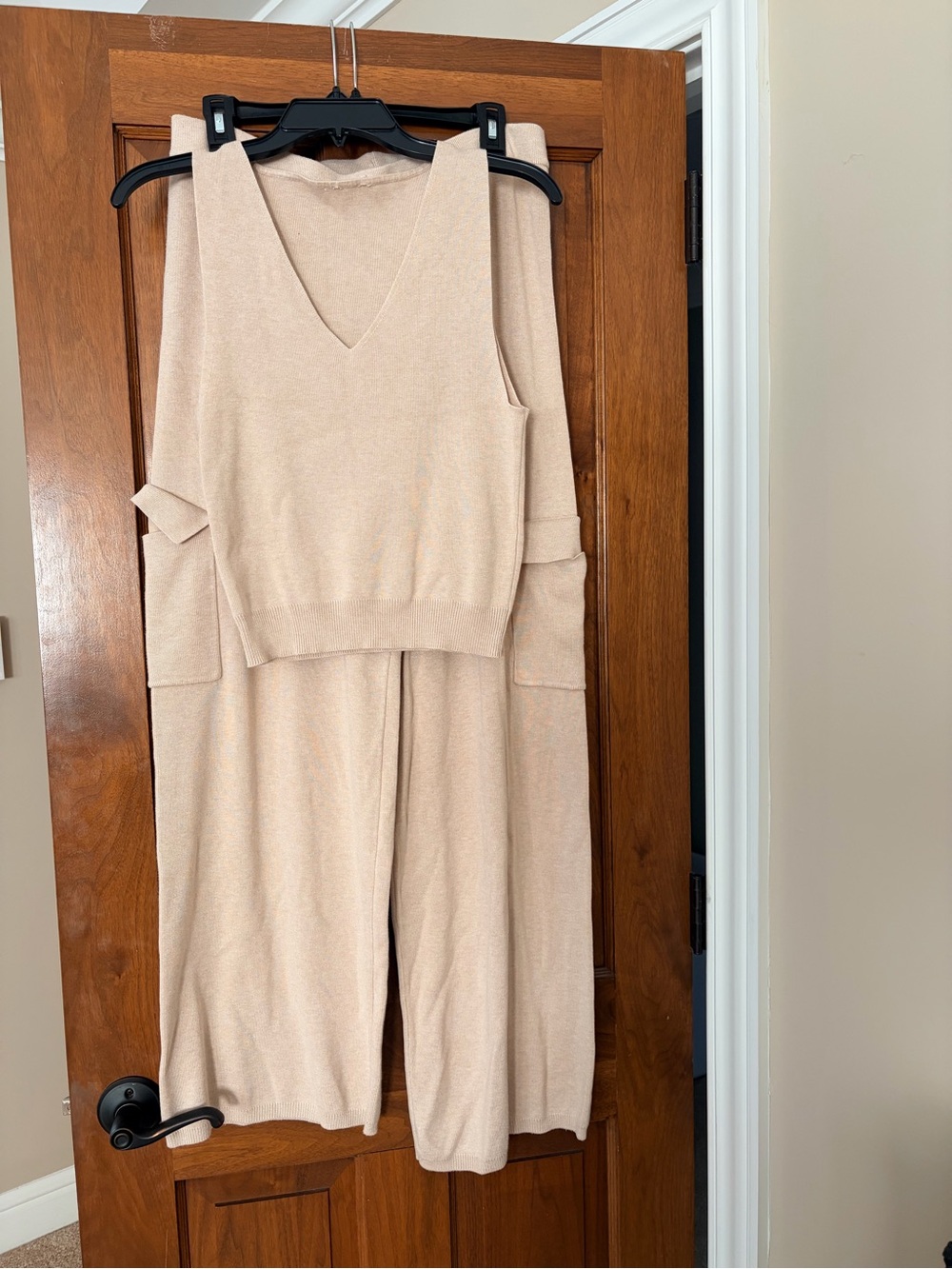Pink Rose Neutral Beige Knit V-Neck Jumpsuit